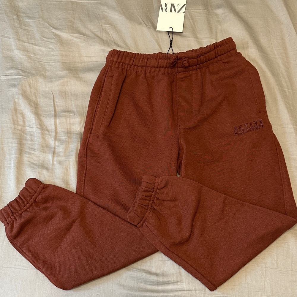 Zara Cotton Fleece Active USA Kids Brick Red Joggers/Sweatpants with Pockets New